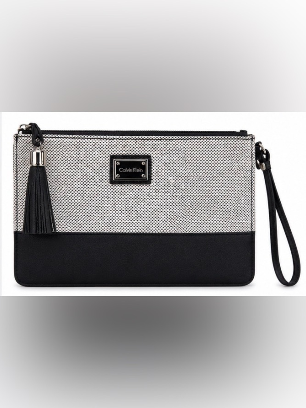 [Calvin Klein] Black White Textured Large Wristlet Clutch Tassel Zip Pouch